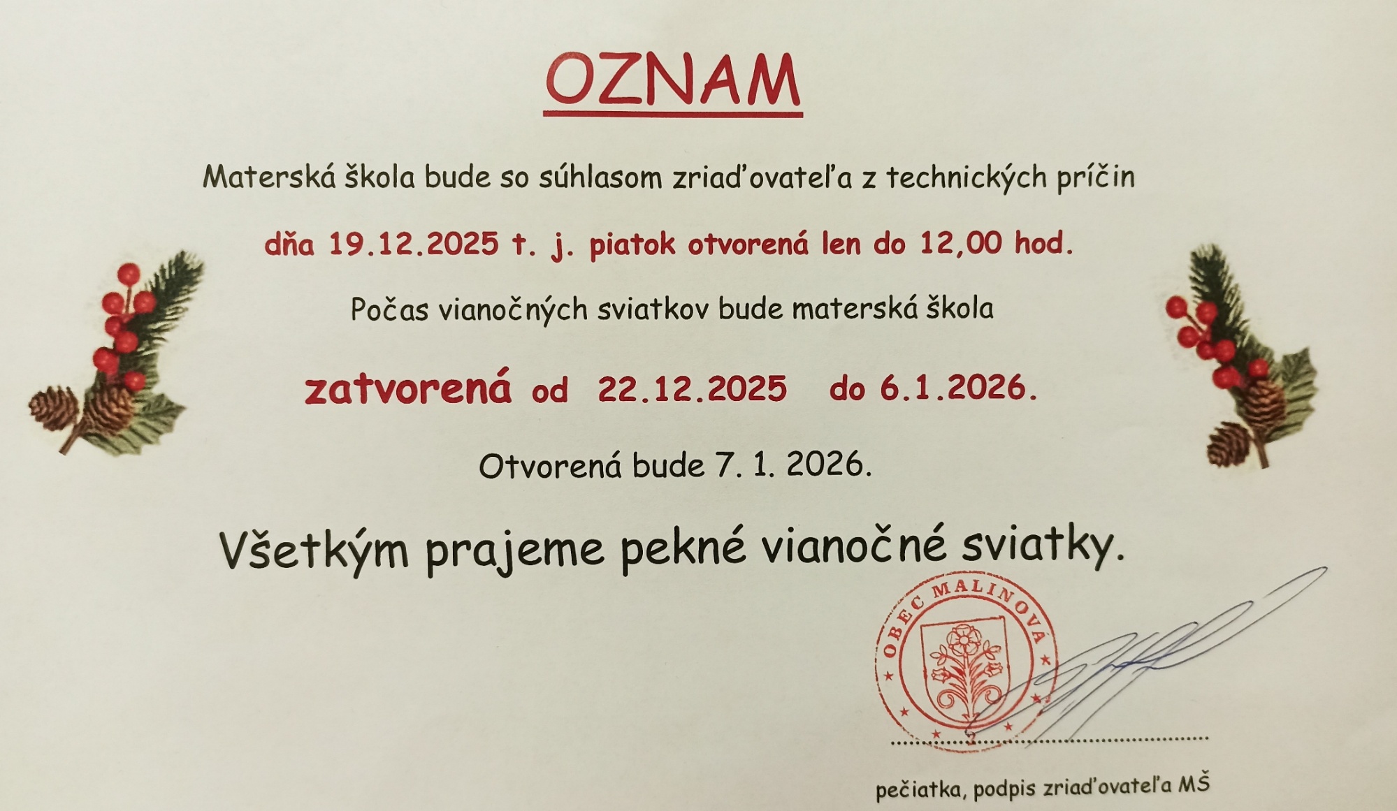 Oznam - Prerušenie prevádzky počas vianočných sviatkov - Obrázok 1