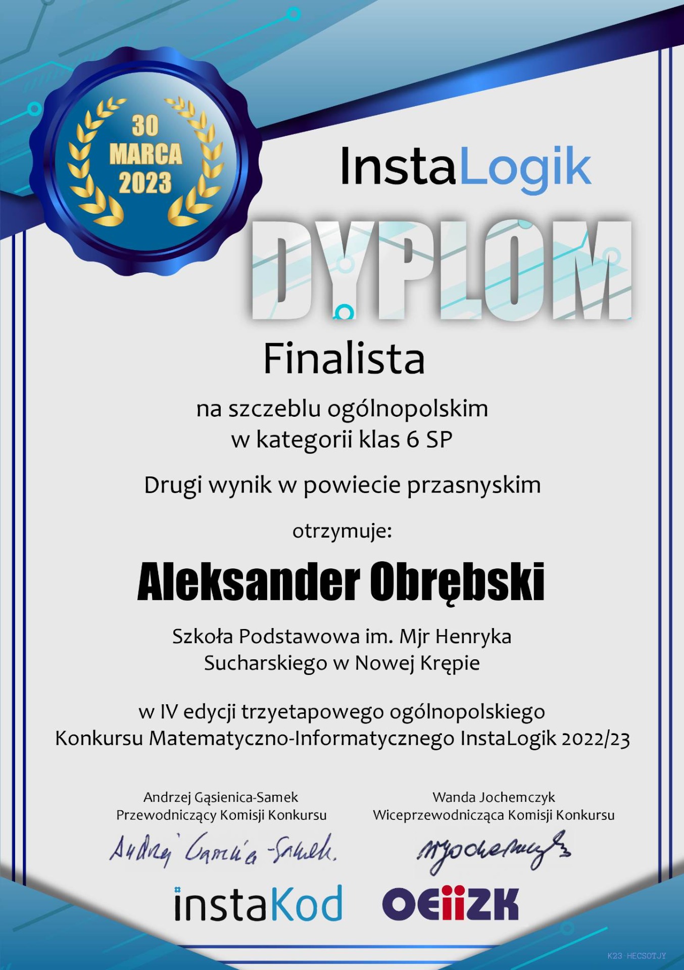 Dyplom dla finalisty na szczeblu ogólnopolskim w kategorii klas 6 za drugi wynik w powiecie przasnyskim dla Aleksandra Obrębskiego.