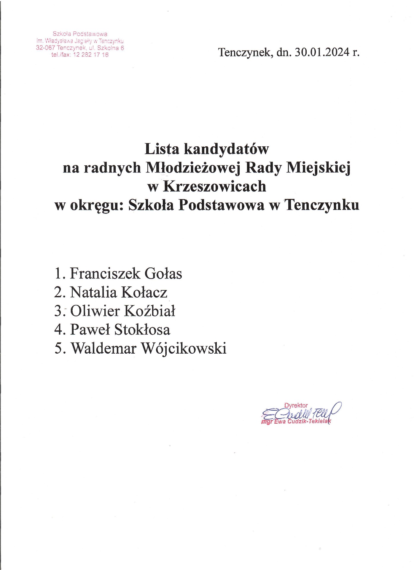 Lista kandydatów na radnych Młodzieżowej Rady Miejskiej w Krzeszowicach. - Obrazek 1