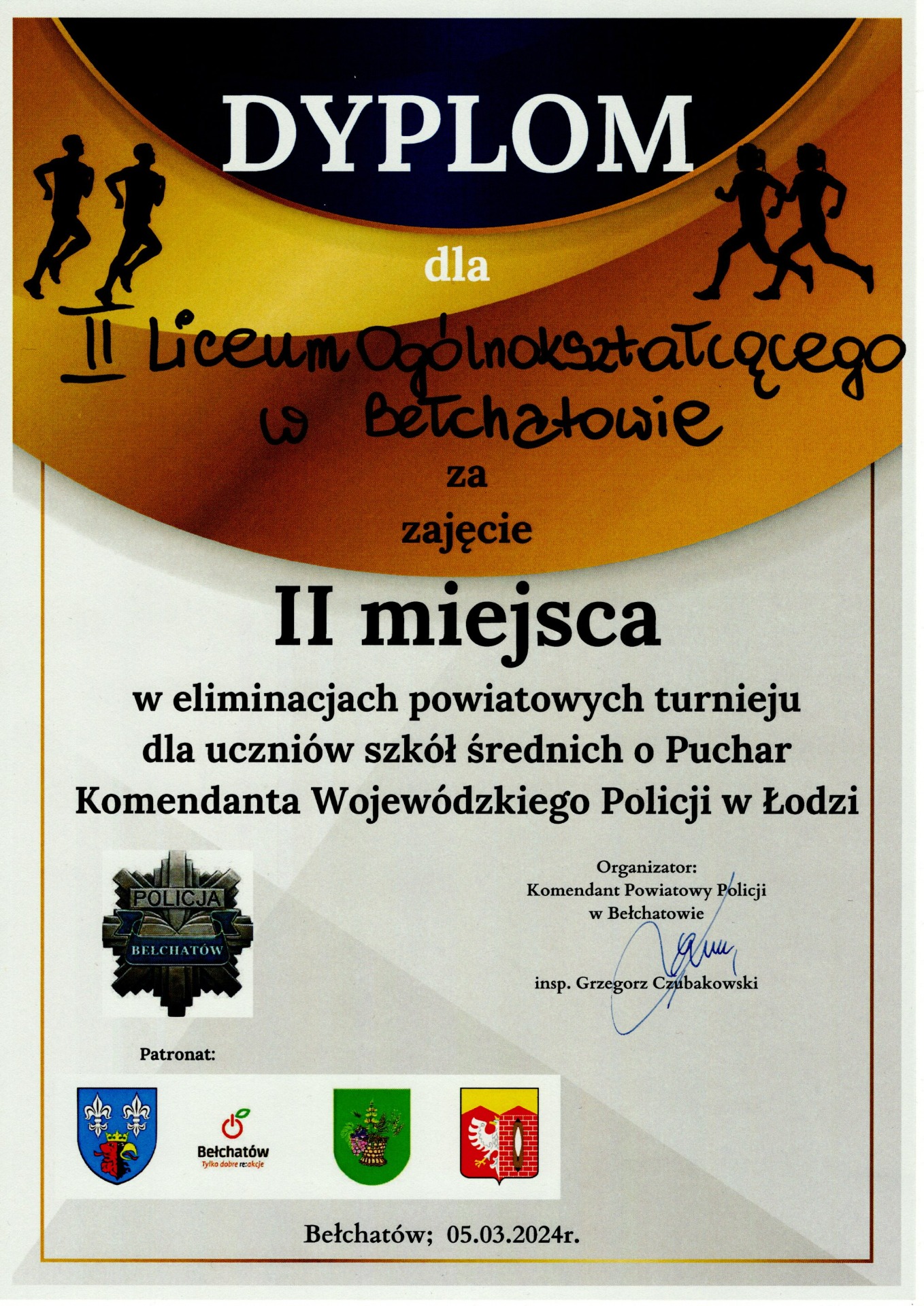Dyplom za zajęcie II miejsca w powiatowych eliminacjach IV Turnieju o Puchar Komendy Wojewódzkiej Policji w Łodzi. 