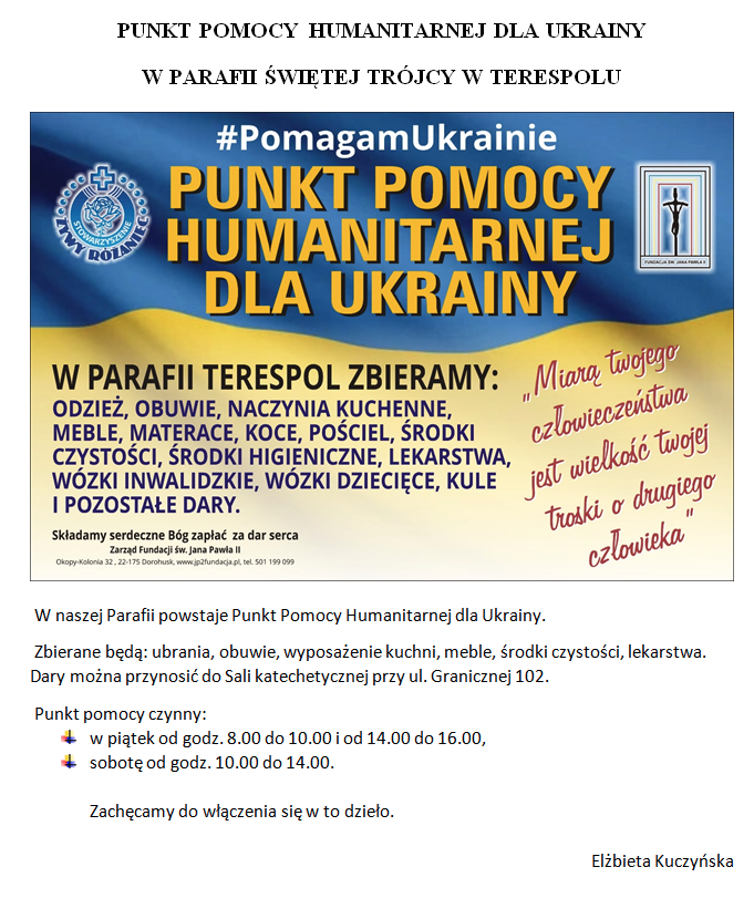 PUNKT POMOCY  HUMANITARNEJ DLA UKRAINY W PARAFII ŚWIĘTEJ TRÓJCY W TERESPOLU - Obrazek 1