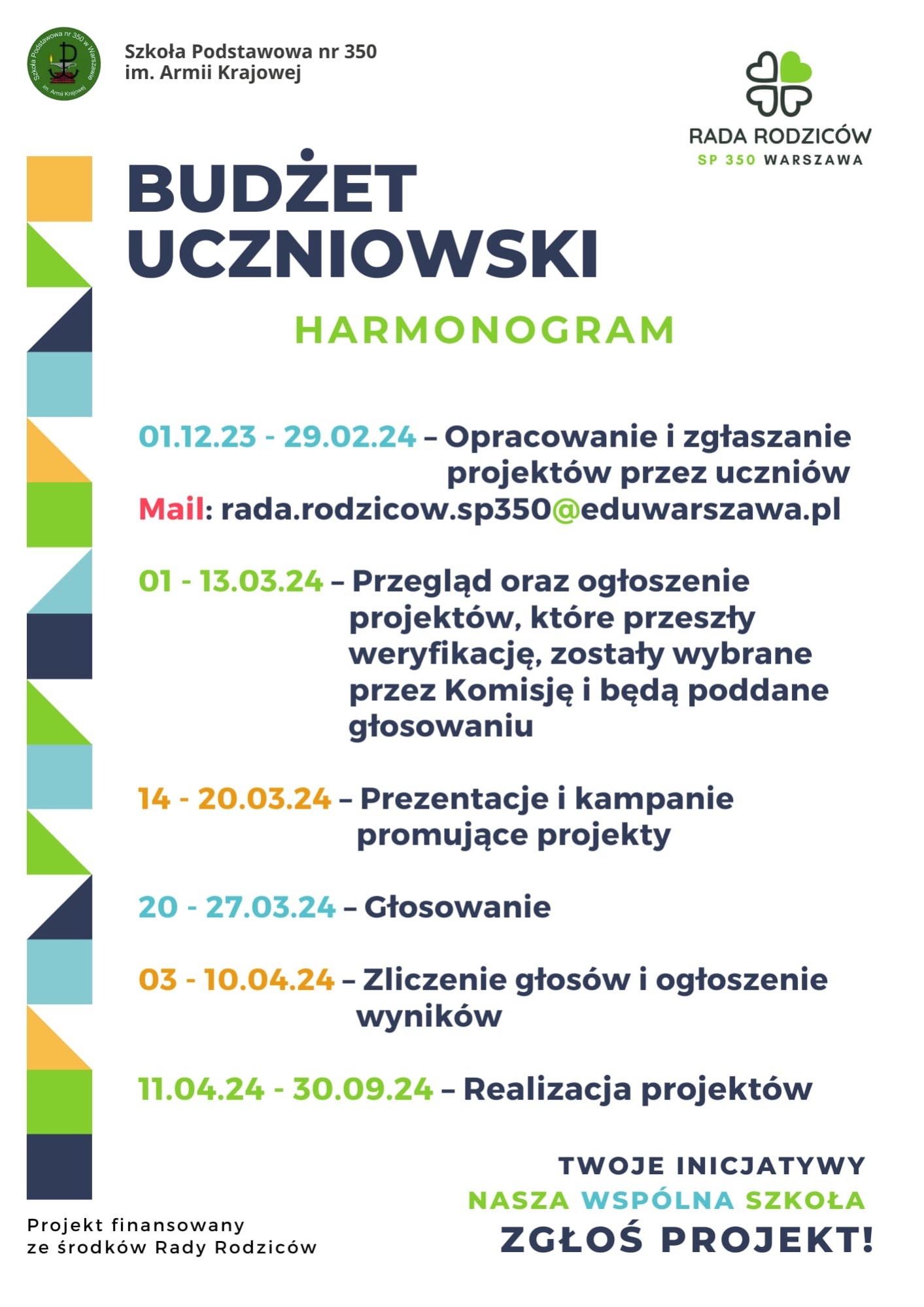 Plakat z harmonogramem Budżetu Uczniowskiego, jako link do pełniejszej informacji o projekcie.