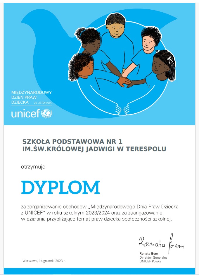 Dyplom "Międzynarodowy Dzień Dziecka z UNICEF" - Obrazek 1