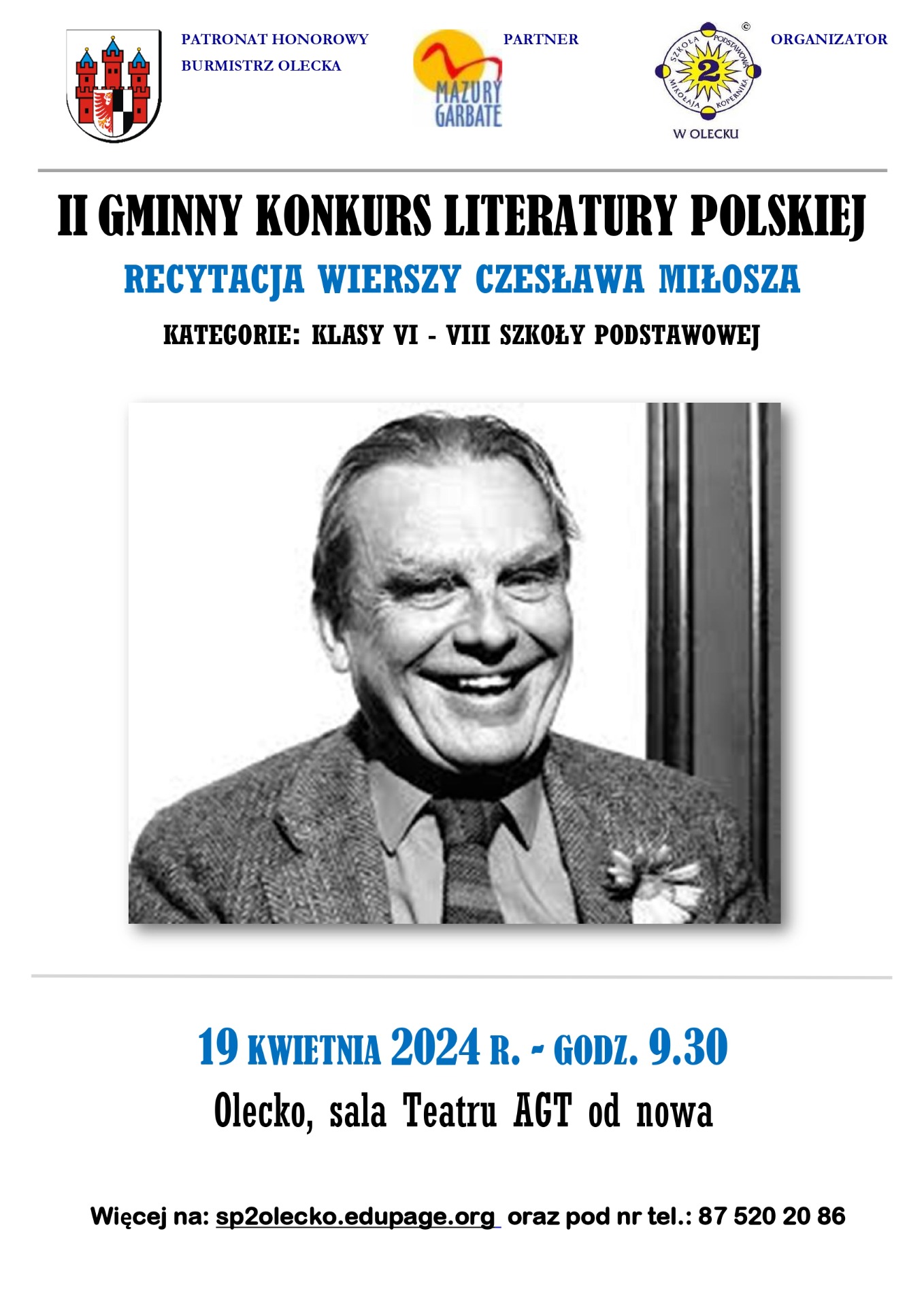 Plakat II Gminny Konkurs Literatury Polskiej Recytacja wierszy Czesława Miłosza