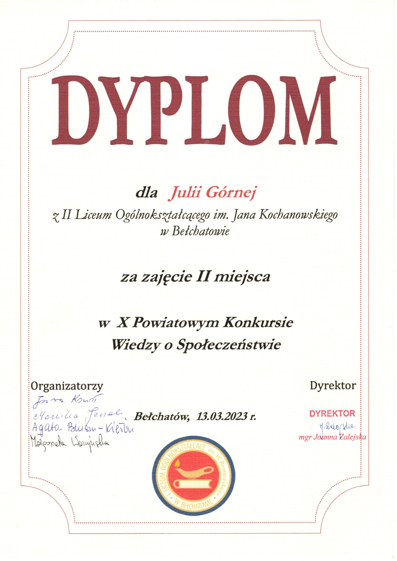 Dyplom dla Julii Górnej za zajęcie II miejsca w X Powiatowym Konkursie Wiedzy o Społeczeństwie