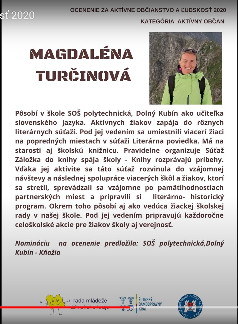 Mgr. Magdaléna Turčinová - ocenená Radou mládeže ŽK - Obrázok 1