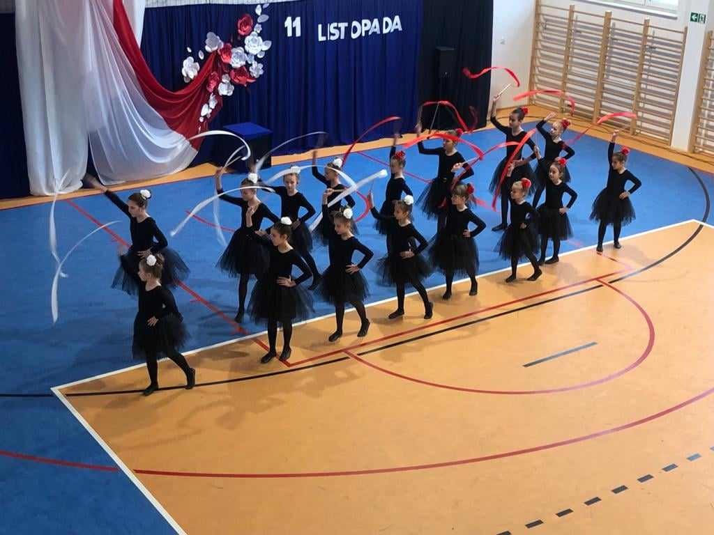 Na zdjęciu Zespół Taneczny „Frajda” podczas występu na sali gimnastycznej.