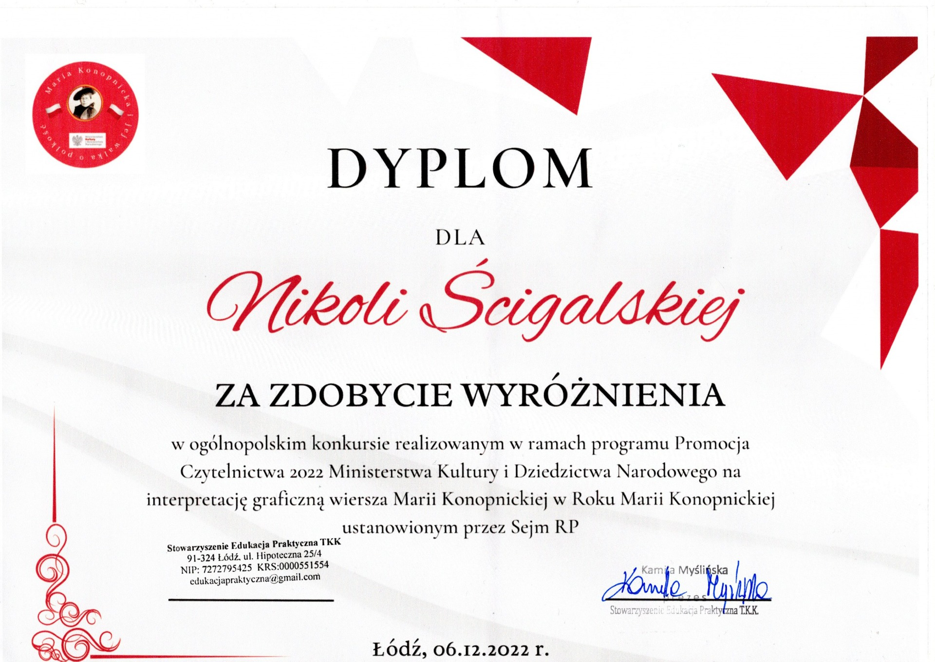 Dyplom dla Nikoli Ścigalskiej
