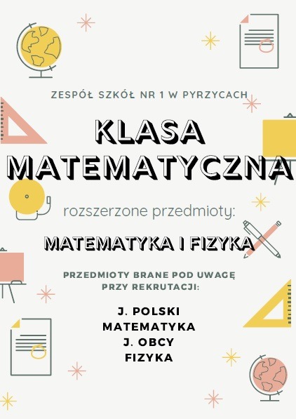 Klasa matematyczna - plakat informujący o przedmiotach rozszerzonych.