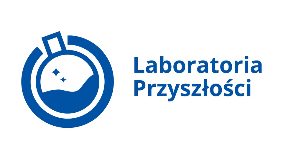 Logo programu Laboratoria przyszłości (niebieska butelka na białym tle i napis: laboratoria przyszłości)
