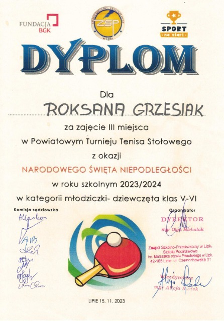 dyplom Roksany Grzesiak za III miejsce
