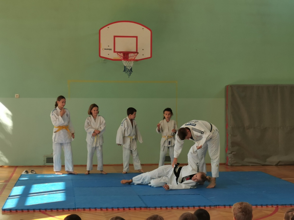 Pokaz judo w wykonaniu zawodników klubu sportowego „Wojownik”. 