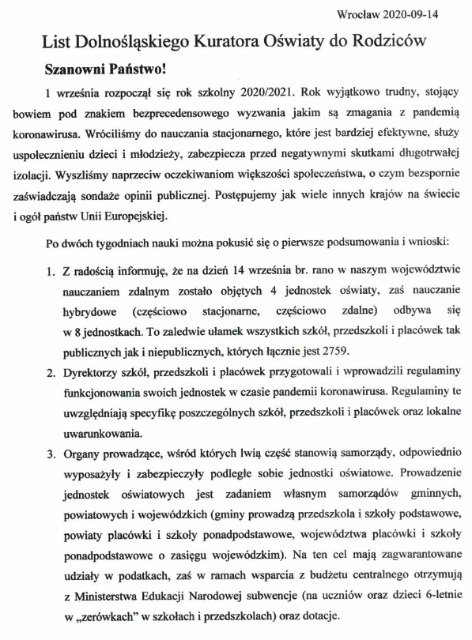 List Dolnośląskiego Kuratora Oświaty do Rodziców. - Obrazek 1