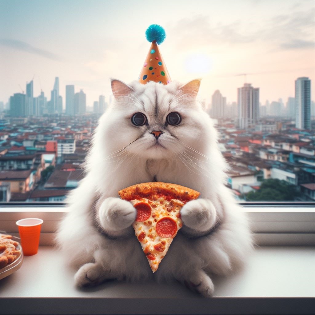 Zdjęcie kota z pizza w łapkach. Wygenerowane przez IA